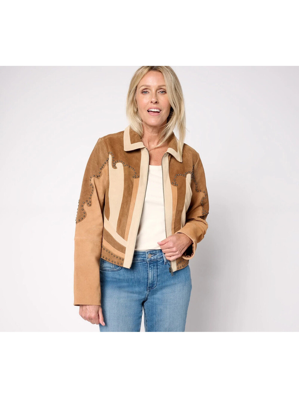 American West by Carolyn Pollack Color Blocked Suede Jacket Desert Combo 12 New